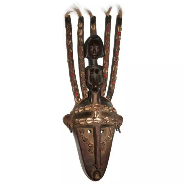 Bambara African Tribal Art Shells & Beads N'tomo Carved Fertility Mask, 22 3/4"