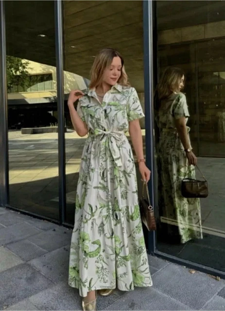 ZARA NEW MIDI BELTED COLL. FLORAL PRINT SHIRT DRESS ECRU GREEN Size M  2183/058 63.10 - PicClick UK