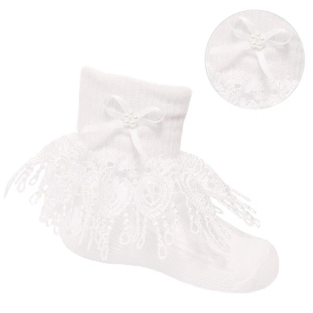 Nuovo Babygirls Caviglia Calze Con Profondo Jester Pizzo & Bow.white 0-6 M 6-12m