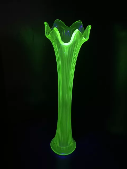 Antique Vintage Fenton 13.5” Green Vaseline Uranium Glass Swung Vase Art Deco