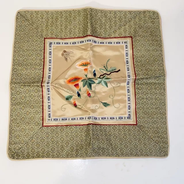 Vintage Asian Hand Embroidered Silk Floral & Butterfly Square 14" Pillow Cover