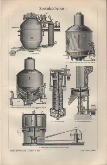 Lithografie 1909: Zuckerfabrikation I-II. Zucker Fabrik Technik Maschinen Lebens