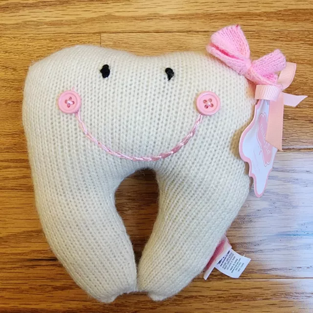 Mud Pie Tooth Fairy Pink Knit Pillow Pouch Button Bow Embroidery Smile Gift New