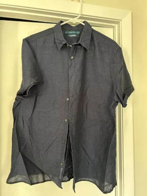 Perry Ellis Button Up Shirt Linen Blend Mens XL Short Sleeve Dark Blue Excellent