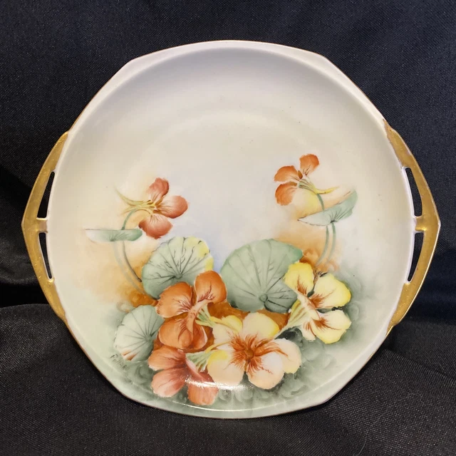 antique MZ austria plate Hand Painted Signed Gold Gilt Nasturtiums Flower