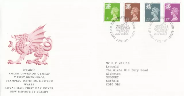 (104439) Wales 39p 28p 24p 18p Definitives GB FDC Cardiff 1991