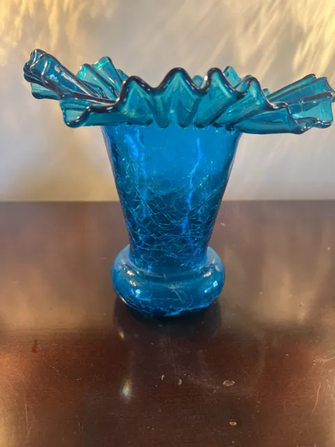 Vintage 1940's Beacon Glass Azure Blue Hand Blown Ruffle Crackle Vase MCM