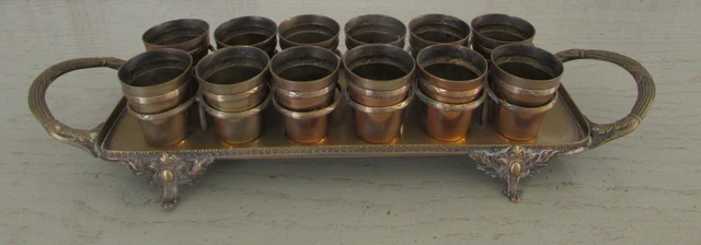 Service à Liqueur Ancien Avec Plateau Et 10 Gobelets – Métal Argenté Poinçonné
