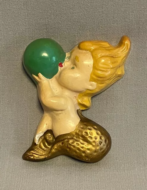 Vintage MCM Chalk Ware Baby Mermaid with Bubble Wall Plaque