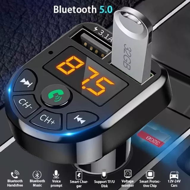 Transmetteur Fm Bluetooth Voiture, Allume Cigare Bluetooth 5.0 Metteur  Radio,appelsmains Libres,chargeur Rapide Qc3.0,lecteur De Musique  Mp3,support C