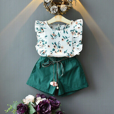 Baby Girl Suit Clothes Flower Print T-Shirt Top Ruffle + Belt Shorts Suit