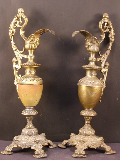 2 Pr 19 c Victorian Renaissance Revival Brass Iron Mantle Vase Urn Ewers Pitcher