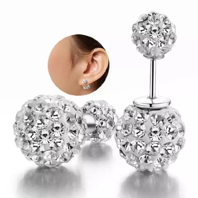 Lady 925 sterling Silver plated Double Crystal Ball Ear stud Earrings Jewelry yu