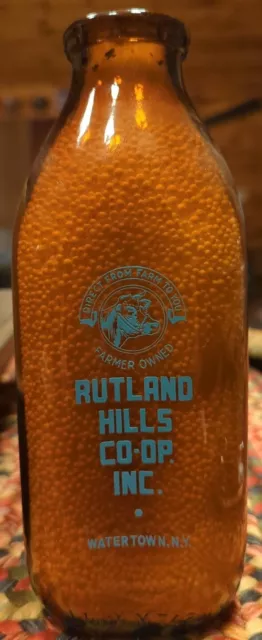 Rutland Hills Co-Op Watertown NY AMBER Milk Bottle One Quart