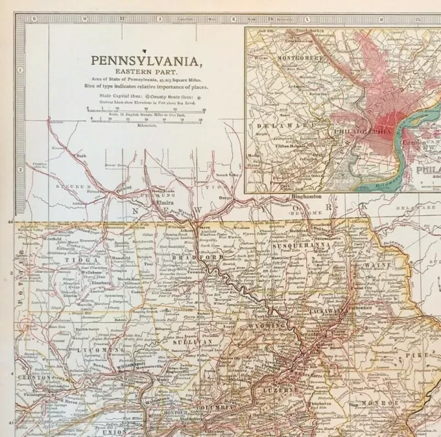 1901 Pennsylvania State East map inset Philadelphia original litho colour