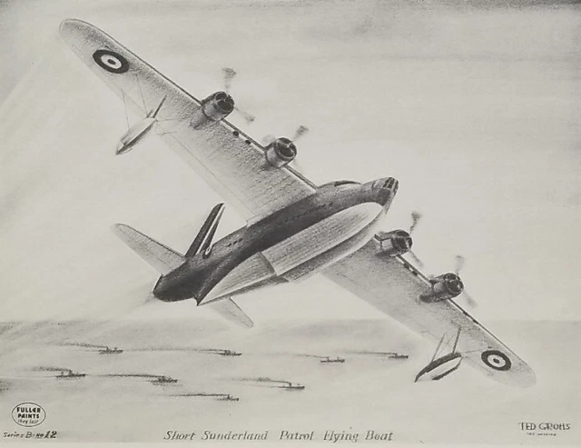WW2 Short Sunderland Patrol Flying Boat Plane W.P. Fuller Lithograph Print