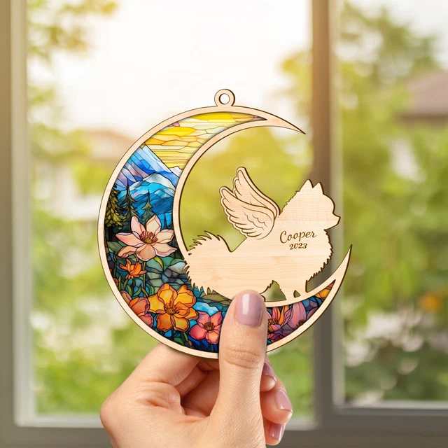 Personalized Pomeranian Memorial Suncatcher, Pomeranian Dog Angel Wings Memorial