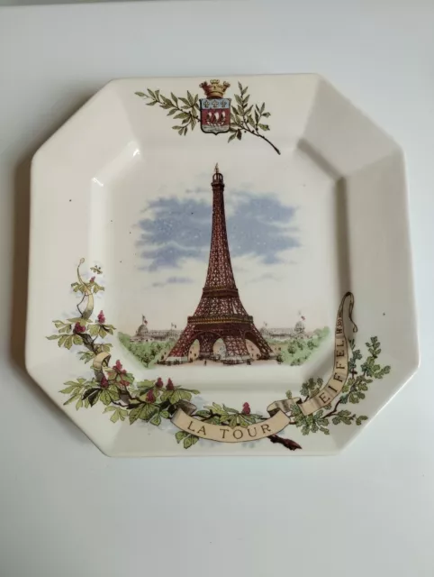 ANCIENNE ASSIETTE OCTOGONALE TOUR EIFFEL TERRE DE FER VERMONT Fres PARIS DÉPOSÉ