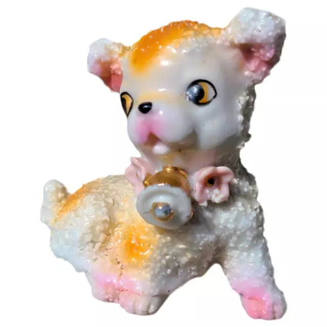 Vintage White Sugar Glazed Poodle Dog Figurine Spaghetti w/ Pink Flowers Japan