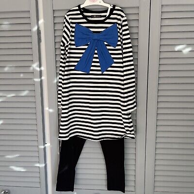 Girls Top & Legging Set - Blue Bow Stripe Top Age 5-6 From Very Bnwot