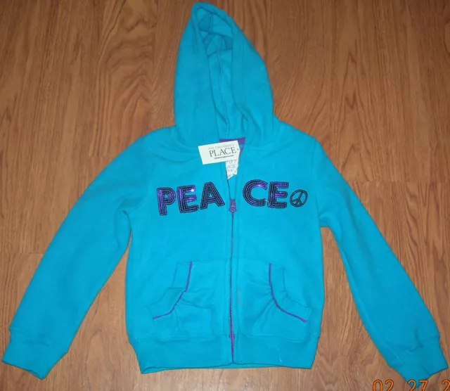 THE CHILDREN'S PLACE Girls XS 4 Blue Fleece Sequin Peace Full Zip Hoodie Jacket