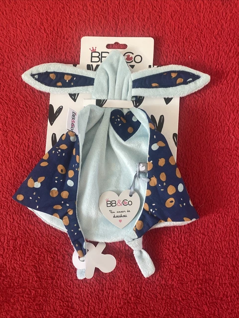 Bb&Co Doudou Plat Mouchoir Lapin Petit Cœur Attaché Tétine 100 % Neuf