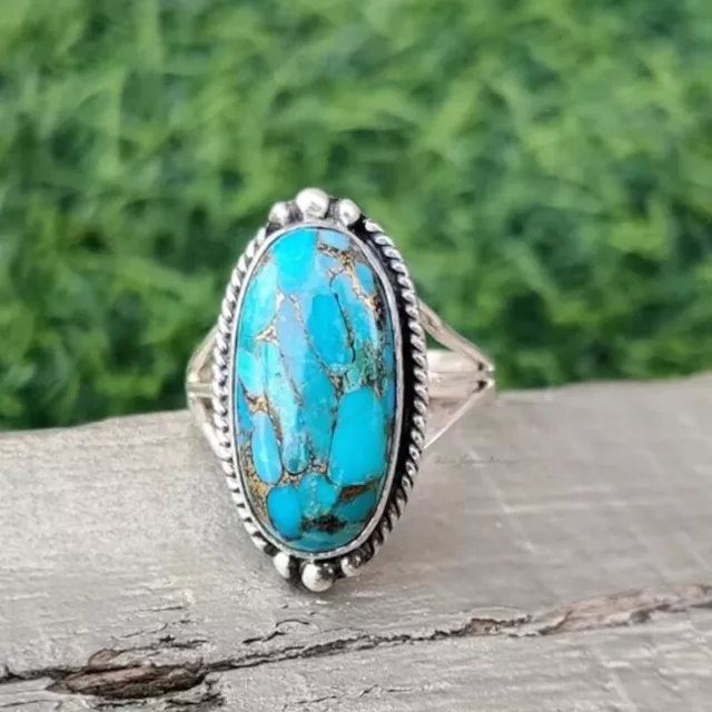 Sterling 925 Silver With Turquoise Oval Shaped Stone Handmade Women Ring