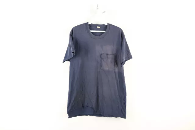 Vtg 90s Streetwear Mens Large Thrashed Blank Short Sleeve Pocket T-Shirt Blue