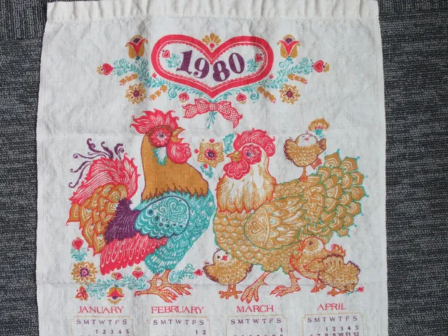 Vintage 1980 Calendar Tea Towel Chickens & Chicks