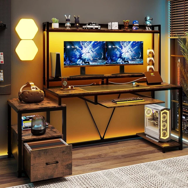 GAMING DESK OFFICE Computer Desk with File Drawer & Storage Shelves Led
