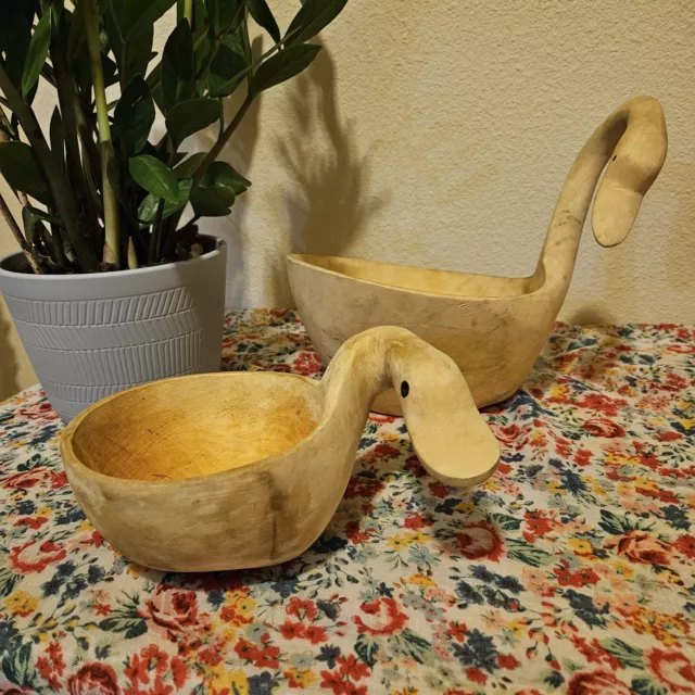 Rustic Carved Wooden Duck and Swan Bowls Natural Finish Bird Farmhouse Decor