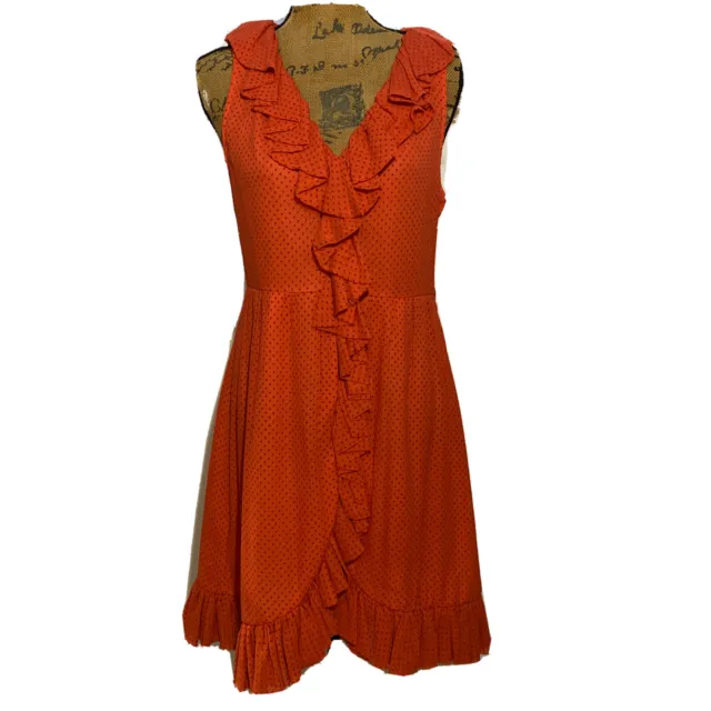 Marc Jacobs Dress 10 100% Silk Coral Orange Burgundy Polka Dot Ruffle Wrap Party