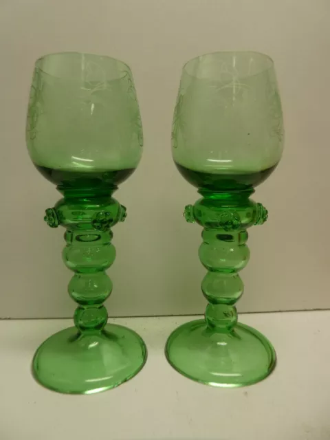 2 Antique Etched Grape Vine Green Glass Goblets Wine Glasses Ornate Stem