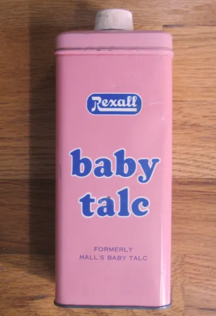 Rexall Baby Talc pink tin 16 oz vintage Hall's zinc boric USA