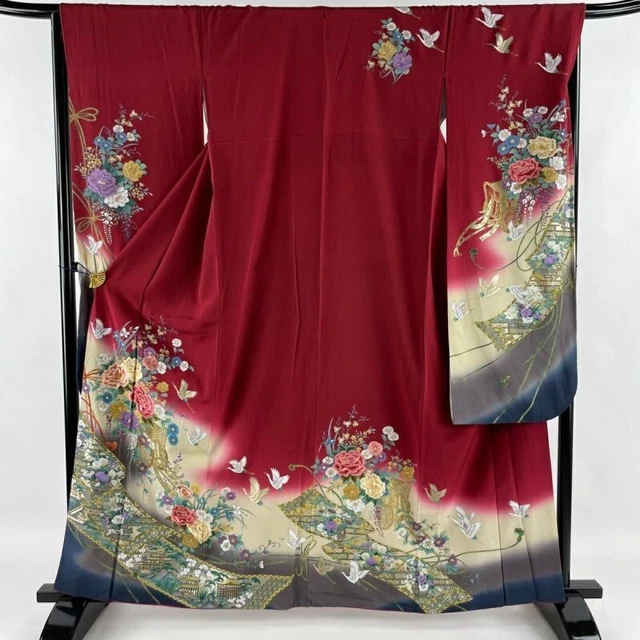 Japanese Kimono Furisode Pure Silk An Ox Drawn Coach Crane Embroidery Deep Red