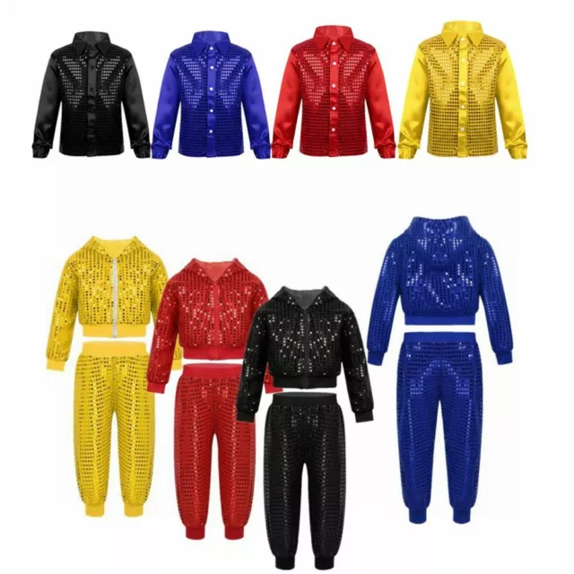 Unisex Boys Girls Hip-hop Jazz Performance Costume Sequins Hooded Tops+Pants Set