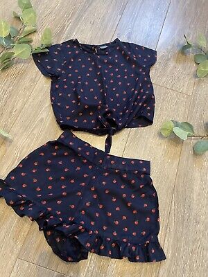NEXT girls Navy Apple Print Co Ord Shorts Top Set Age 5 Years