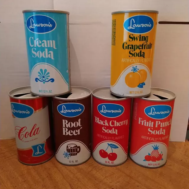 lot of 6 lawsons brand soda steel pull top cans