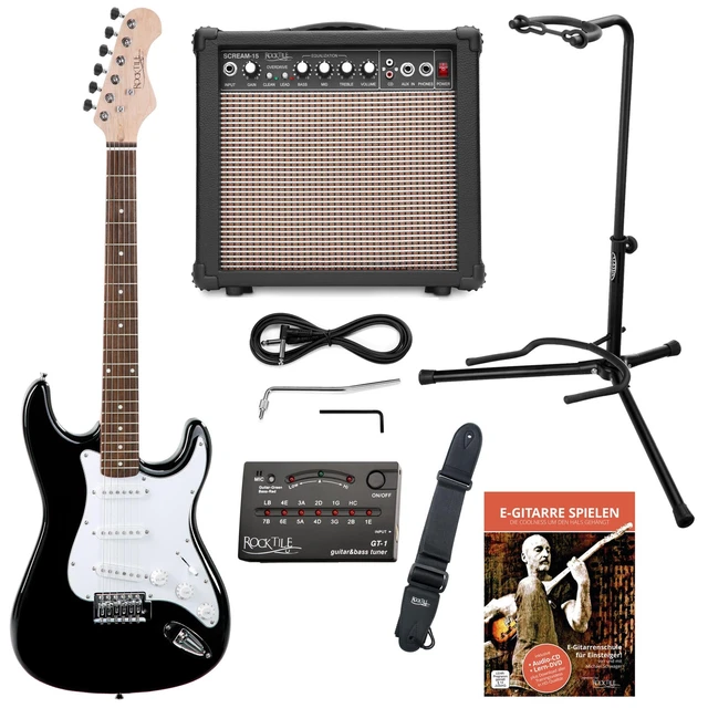 Pack Guitare Electrique Amplificateur 15W Ampli Support Sangle Accordeur Noir