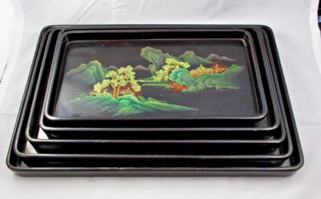 VINTAGE 5 Piece ASIAN Oriental Black LACQUER Stacking TRAYS Gold Foil Designs