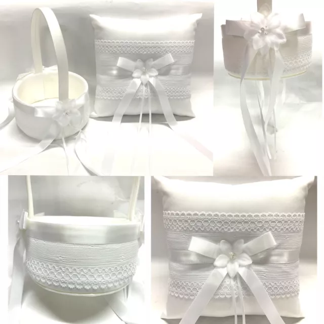 NEW Wedding Flower Girl Basket Ring Pillow Flower w Lace Flowergirl White Ivory