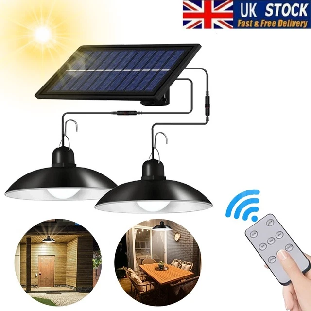 2 Heads LED Solar Powered Pendant Hanging Light Lamp Garden Yard Shed Lighting
