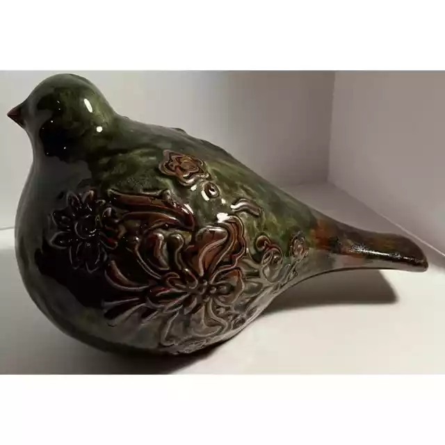 Large Ceramic Green Bird Figurine Brown Floral Glazed 6" Tall