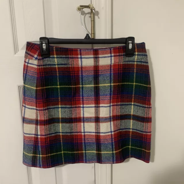 J Crew Women Mini Skirt Tartan Plaid Red White Blue Green Wool Blend Size 2