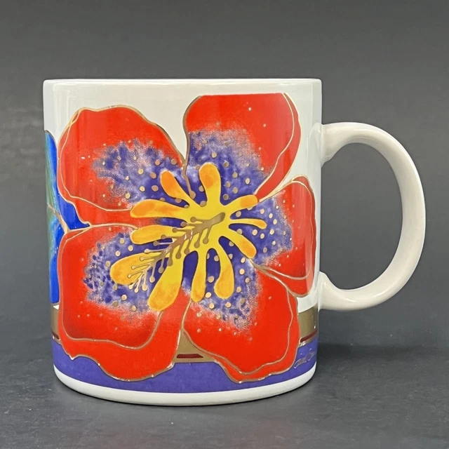 VINTAGE Laurel Burch WILD HIBISCUS Vibrant Colors Gold Accent Mug 4"
