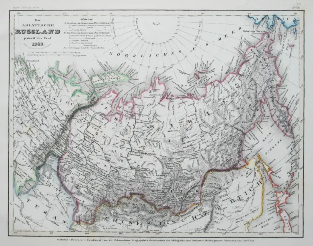 1849 Russia Siberia Genuine Antique Map Hand Colouring Meyer