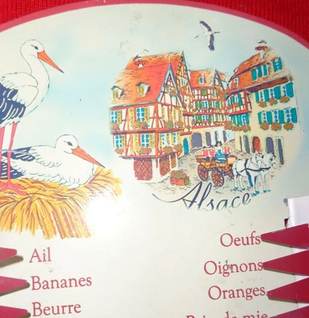 FRENCH metal SHOPPING LIST commissions courses plaque alsatian stork cigogne