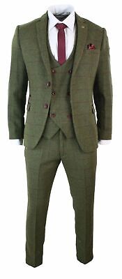 3 Piece Olive Green Men's Wool Suit Plaid Tweed Check Vintage Tuxedo Prom Suit