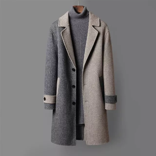 Mens Color Contrast Mid Long Loose Trench Coats Single Breasted Jackets Outwear