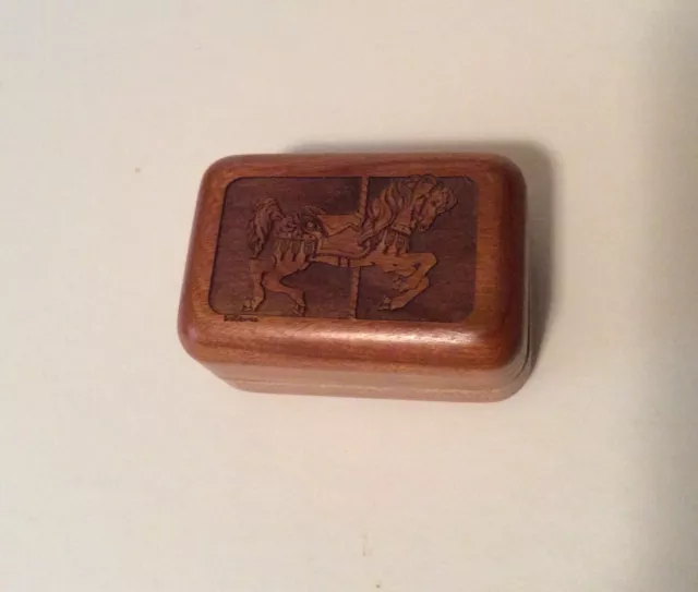 Hinged Wooden Trinket box with Carousel horse carved in top by corporate custom